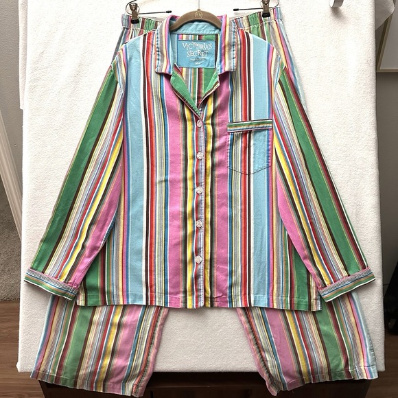Victoria's Secret Vintage Y2K Large L Rainbow Striped Cotton Pajama Set Flannel - Picture 2 of 16
